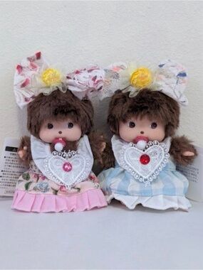 Monchichi Bag Charm Dolls Pink and Blue Dress Bundle